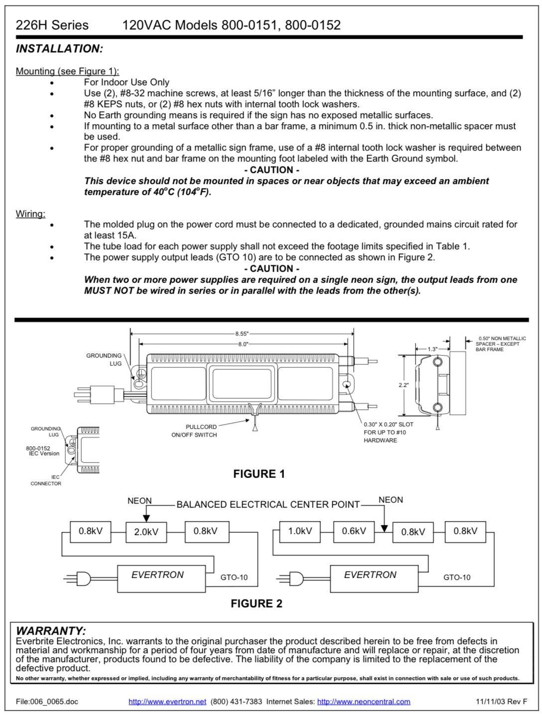 Evertron 226H Electronic Neon Sign Replacement Transformer – 3.8Kv