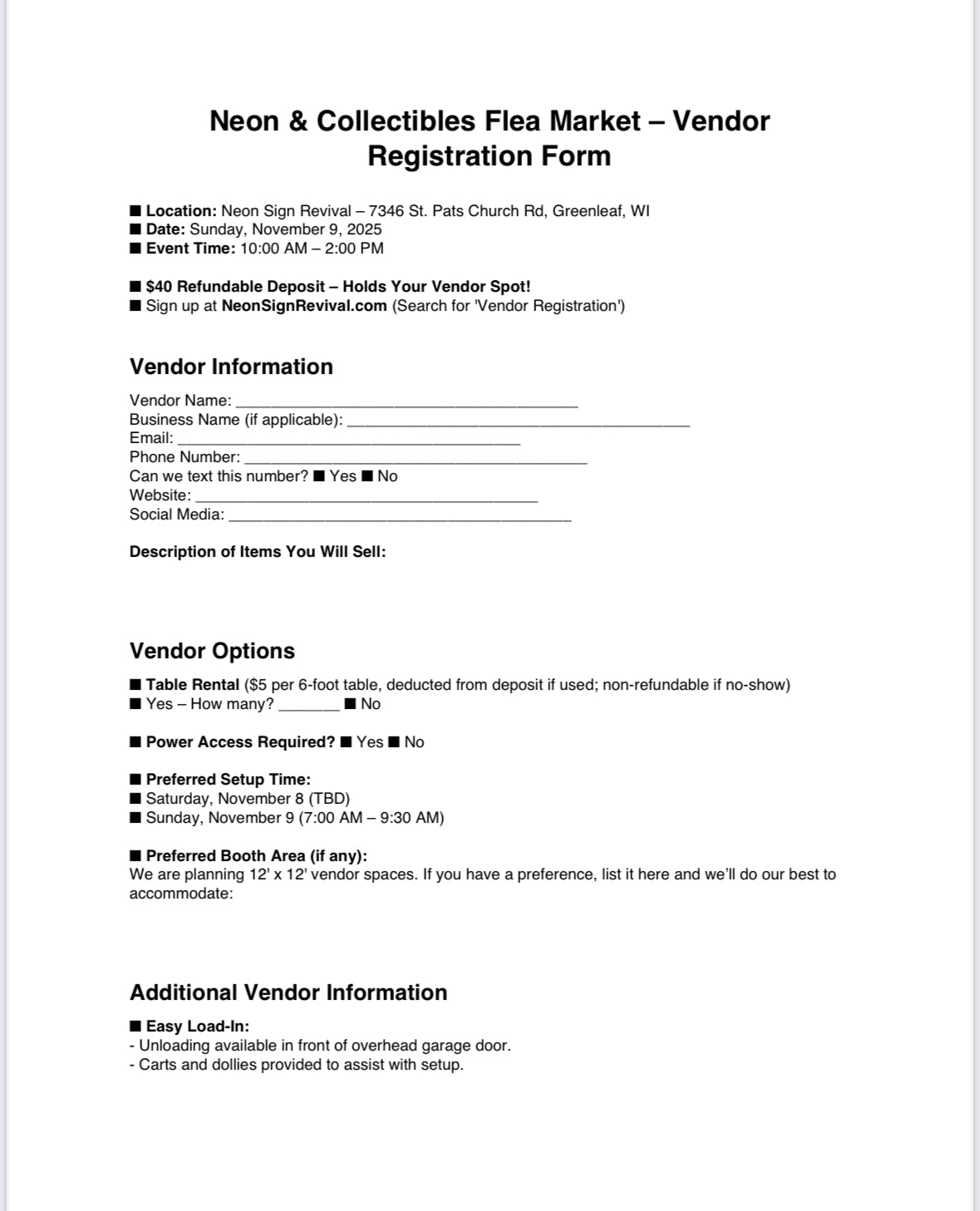 November 9th Vendor Registration Deposit