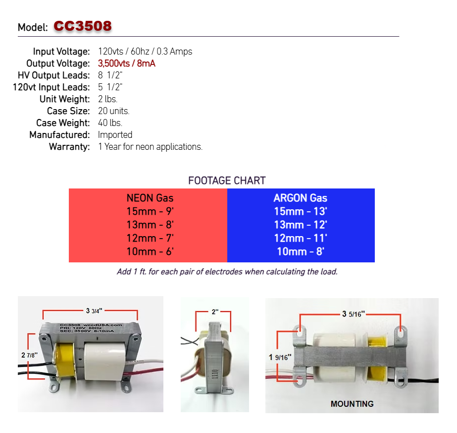 Open Core & Coil Neon Transformer – 3.5kV 8mA – CC3508 Equivalent – 120V