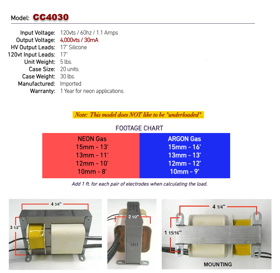 Open Core & Coil Neon Sign Transformer – 4Kv 30mA – CC4030 Equivalent – 120V
