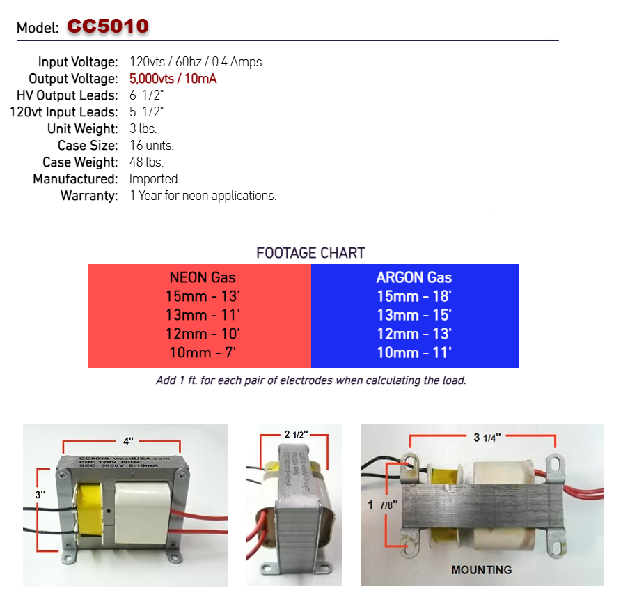 Open Core & Coil Neon Sign Transformer – 5kV 10mA – CC5010 Equivalent – 120V