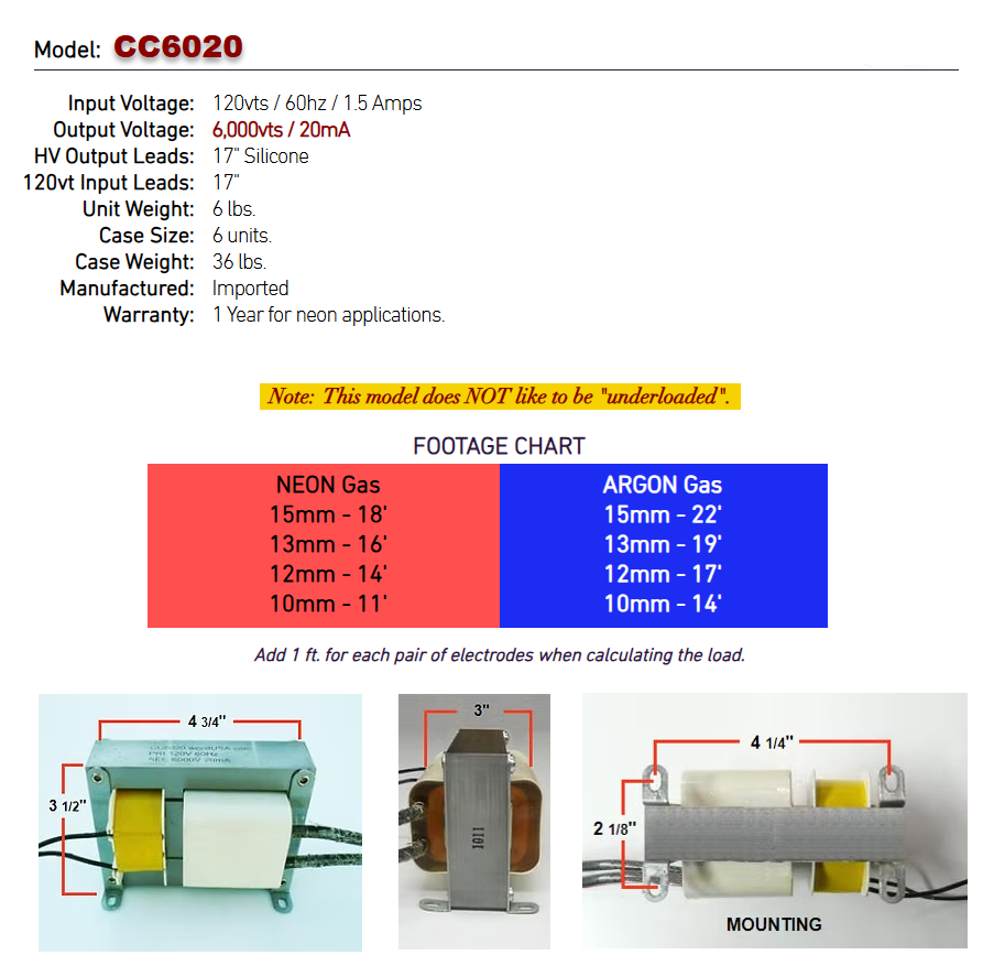 Open Core & Coil Neon Sign Transformer – 6,000V 20mA – Model CC6020