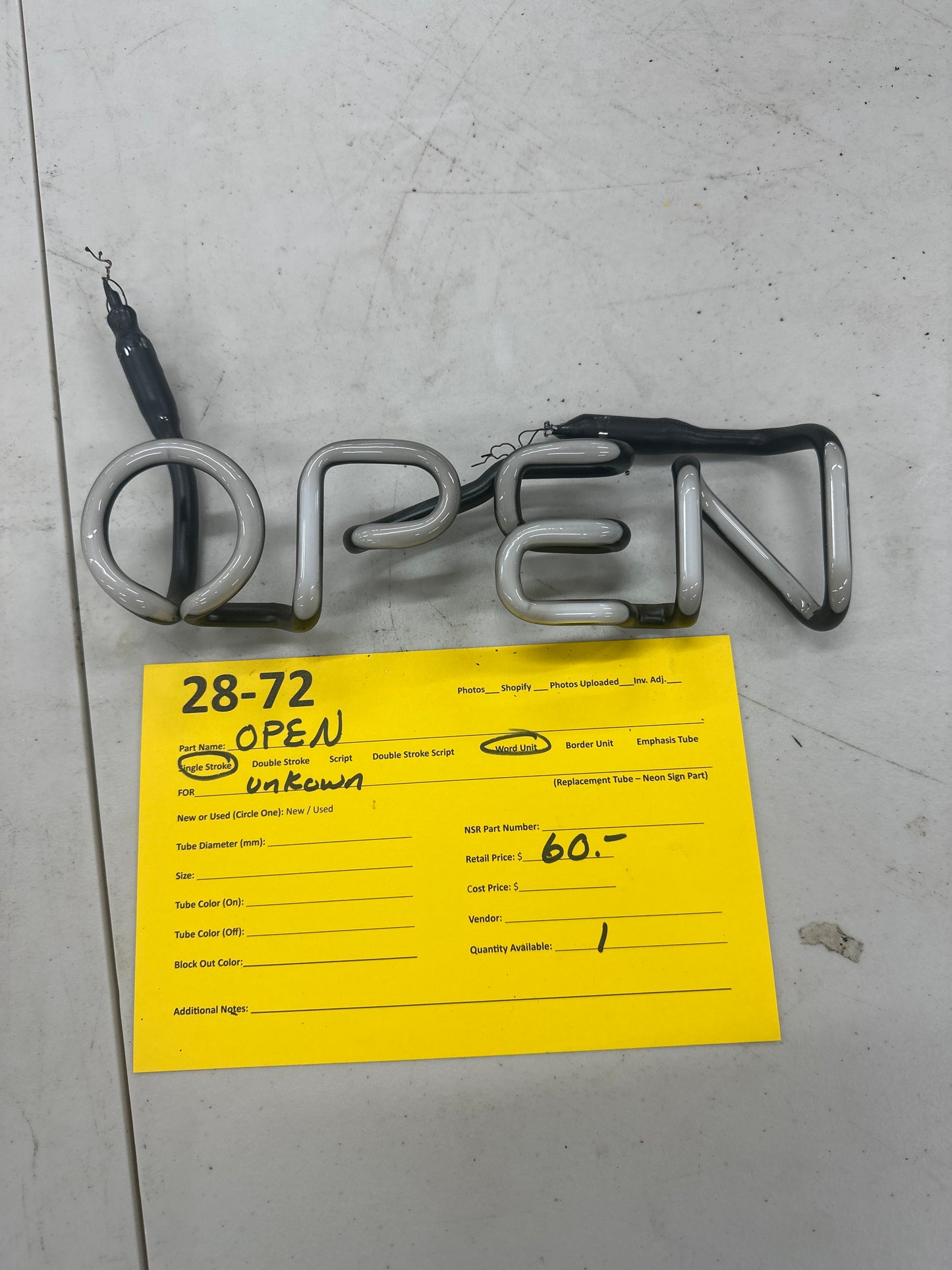 OPEN Single Stroke Word Unit for Unknown Replacement Tube - Neon Sign Part