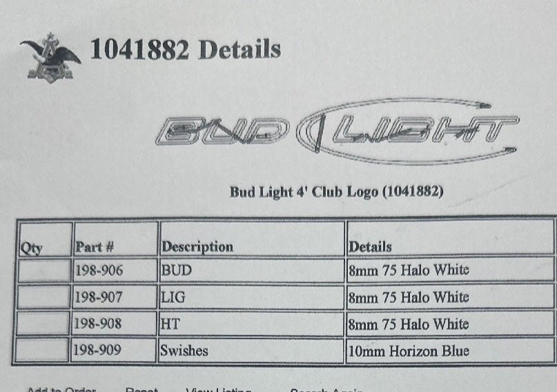 Swish Border unit for Bud light 4ft Club Logo Replacement Tube - Neon Sign Part