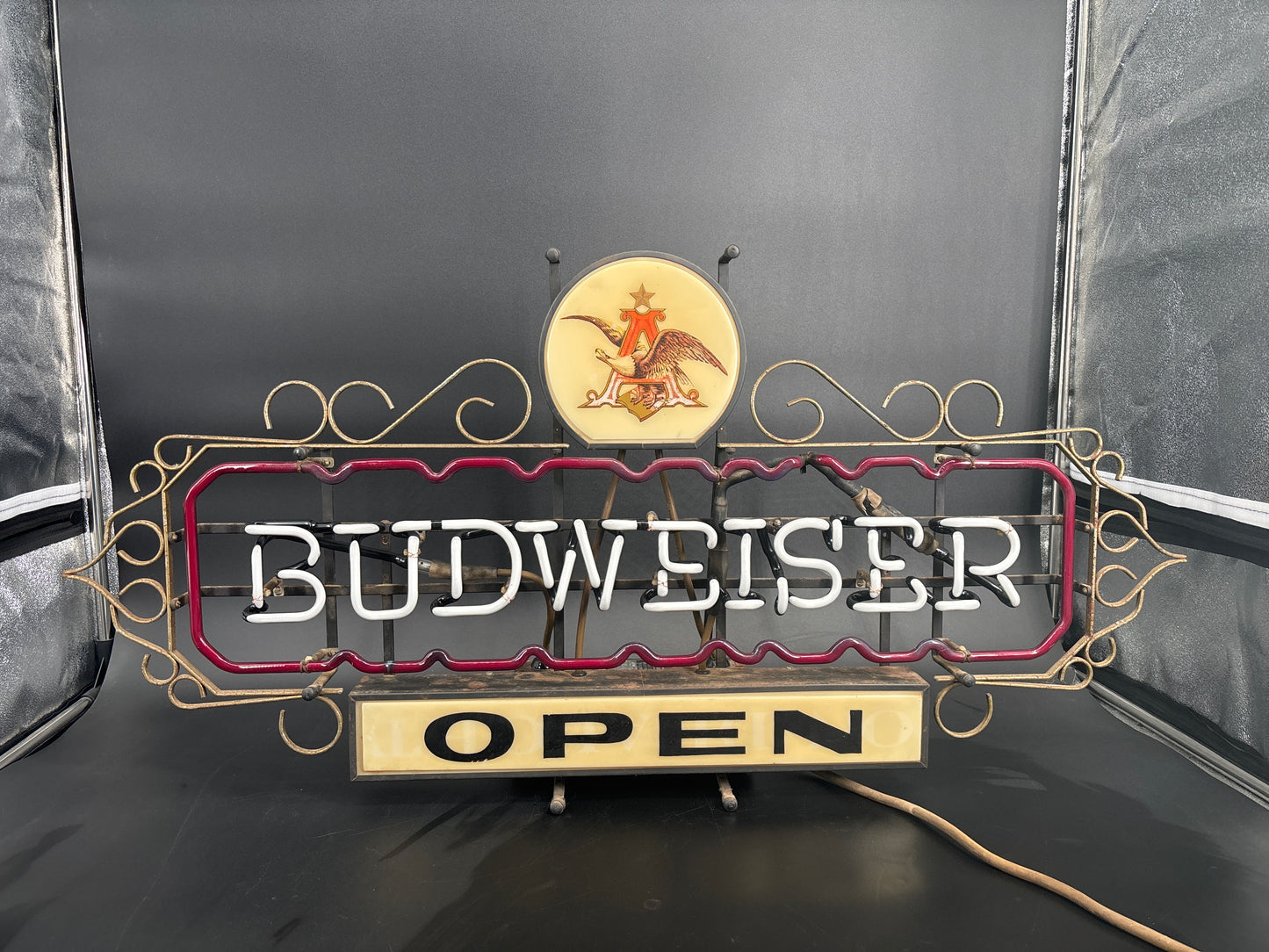Vintage Budweiser Open Neon Sign – Metal Frame