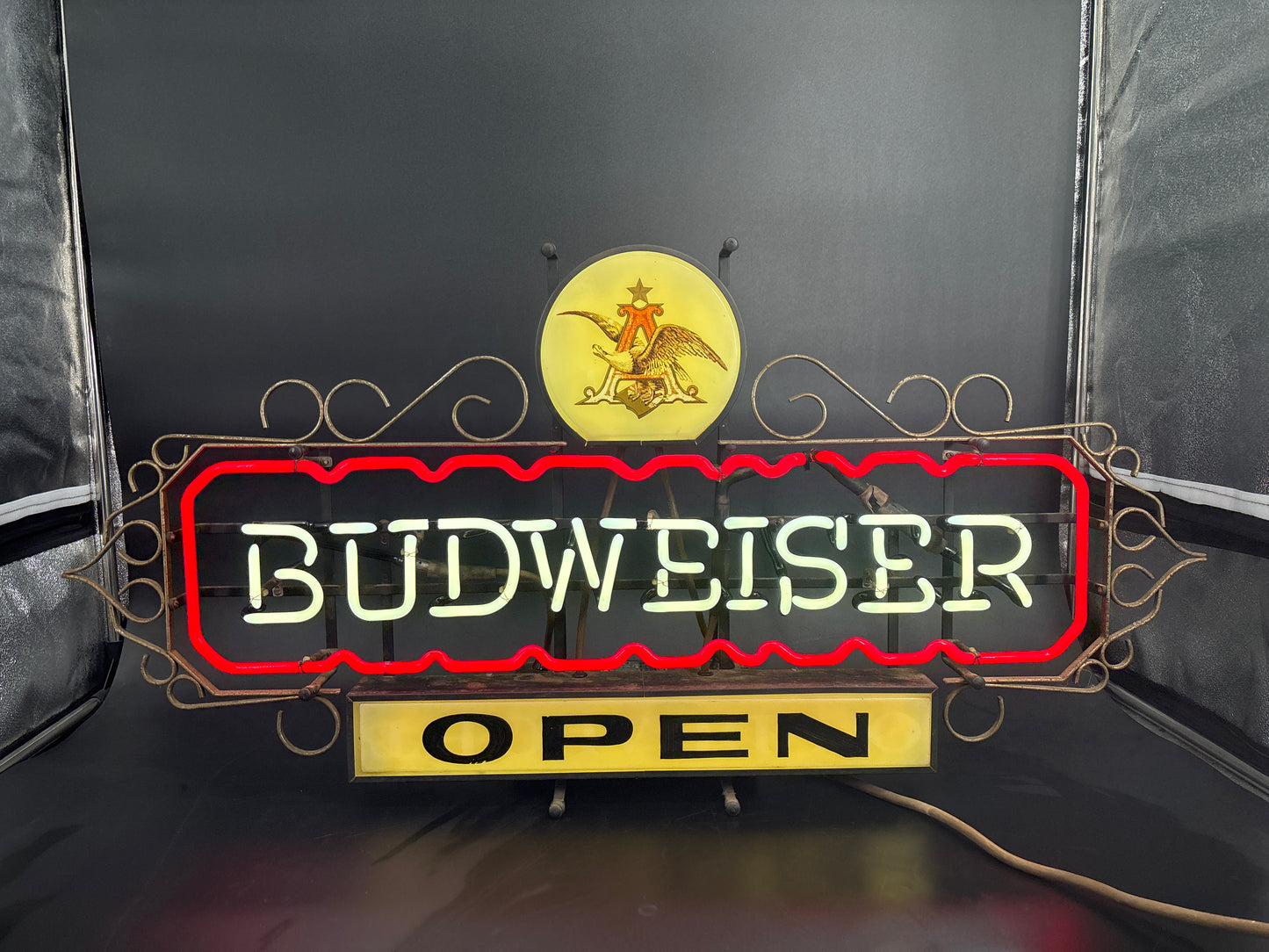 Vintage Budweiser Open Neon Sign – Metal Frame