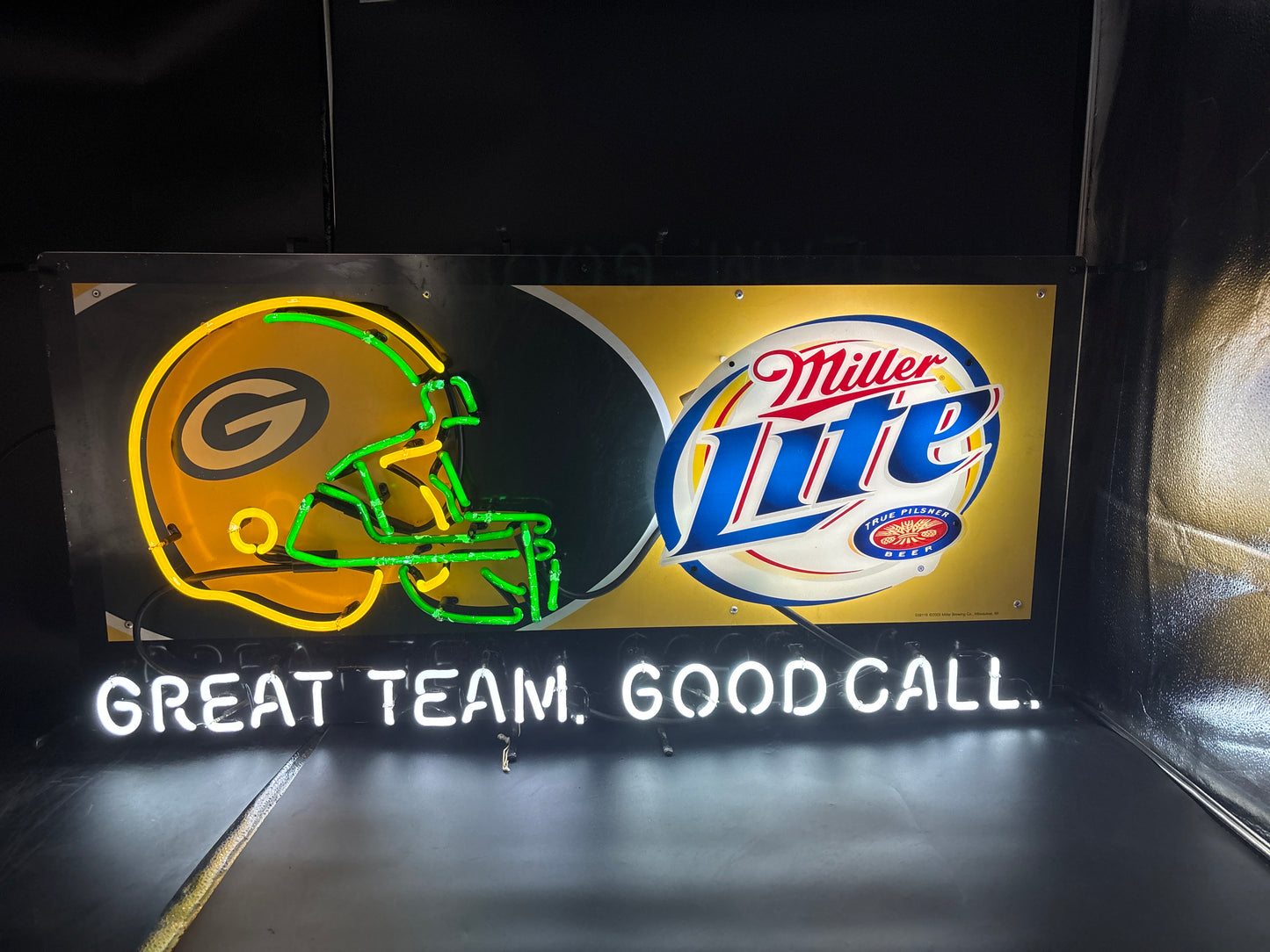 Green Bay Packer Miller Lite Great Team Good Call Neon Sign Tin Replacement Panel