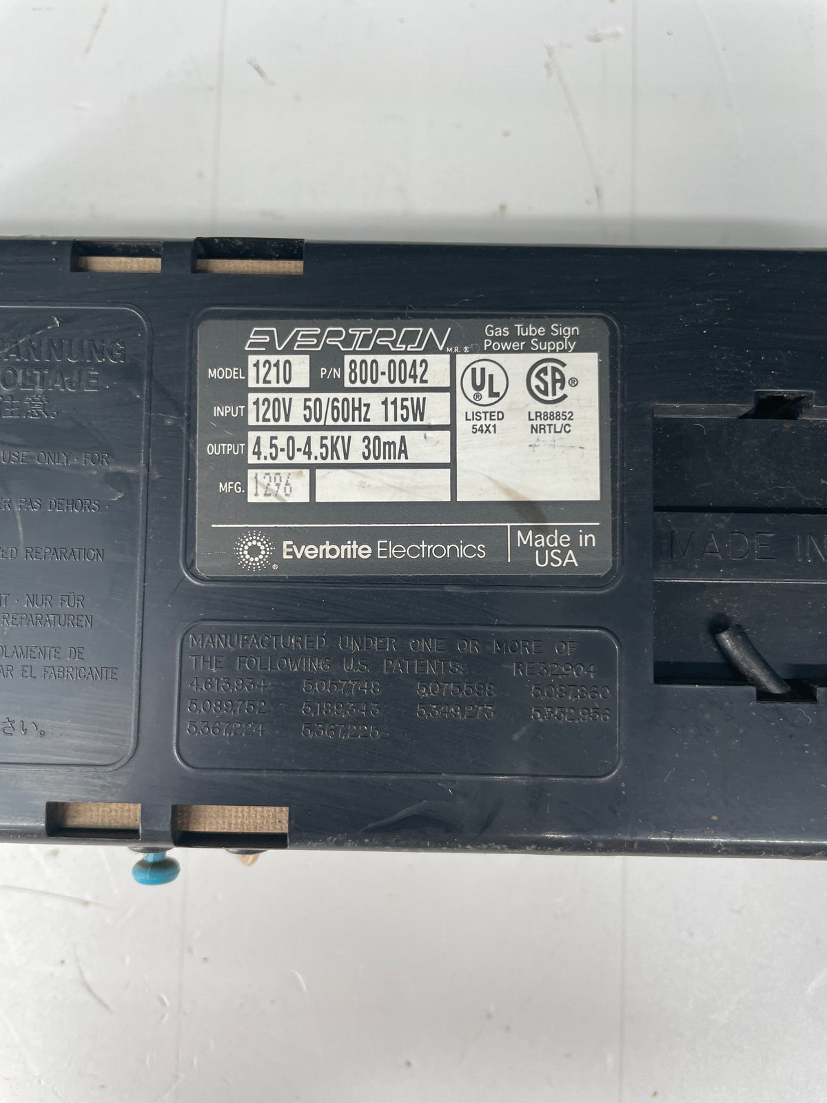 Evertron 1210 Electronic Neon Sign Replacement Transformer – 4.5Kv