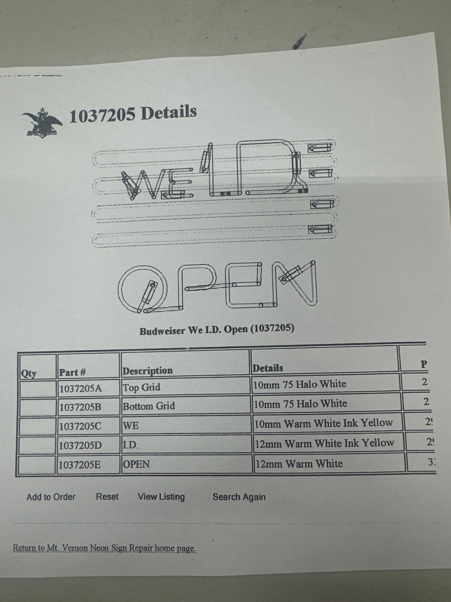 WE Single Stroke Word unit for Budweiser WE I.D. Open Replacement Tube - Neon Sign Part