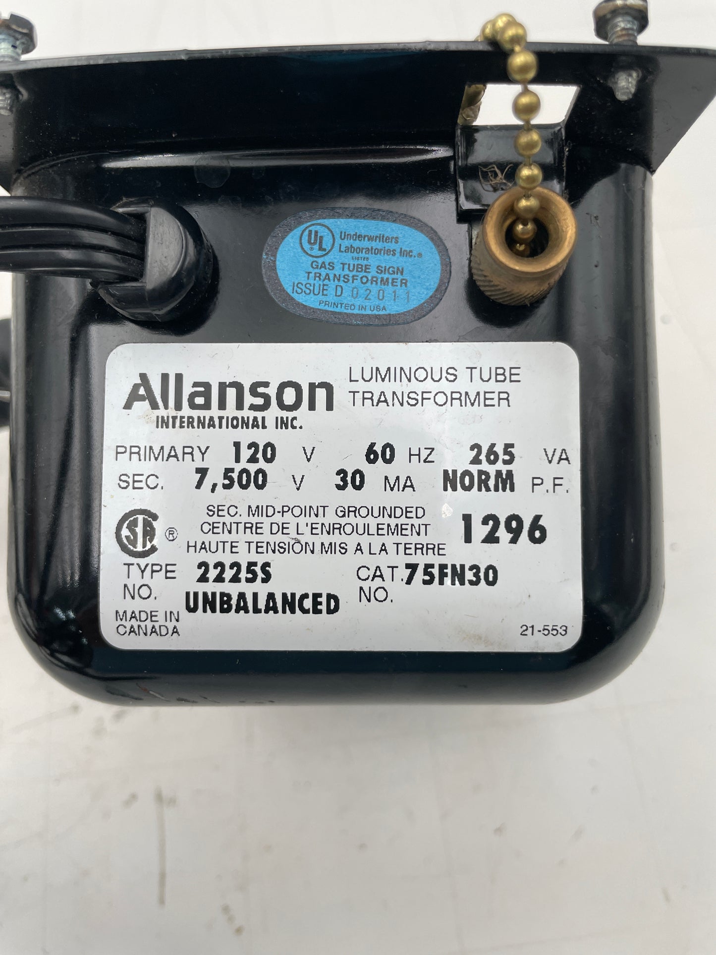 Allanson Neon Sign Replacement Transformer – 7.5Kv