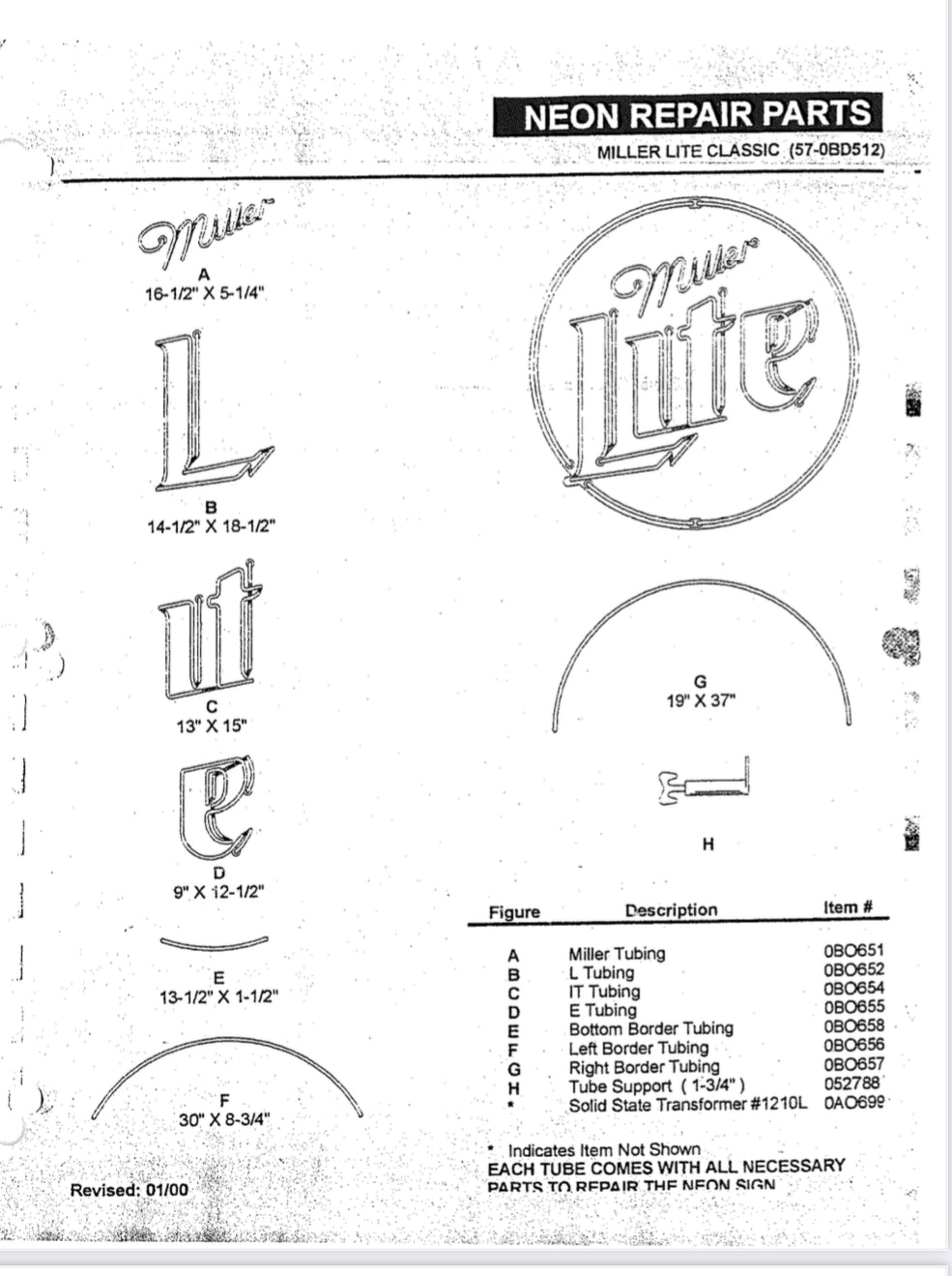 Large e Double Stroke with Verticle Electrodes for Miller Lite Classic Replacement Tube - Neon Sign Part