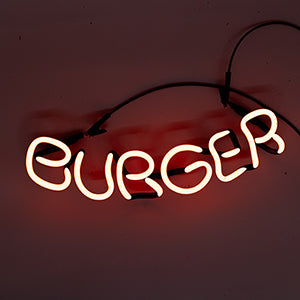 Neon Sign Part Entitled Burger, on a slant, front of sign part, white neon when lit