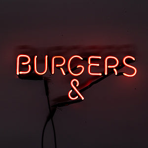 Neon Sign Part Entitled Burgers&, Front, Red & White Neon when lit, & is below Burgers, centered