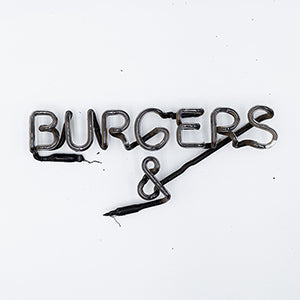 Neon Sign Part Entitled Burgers&, Front, Red & White Neon when lit, & is below Burgers