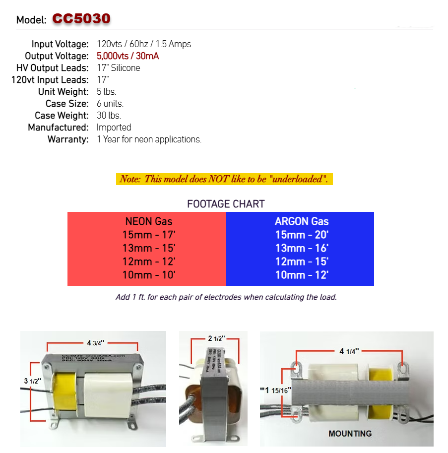 Open Core & Coil Neon Sign Transformer – 5,000V 30mA – Model CC5030
