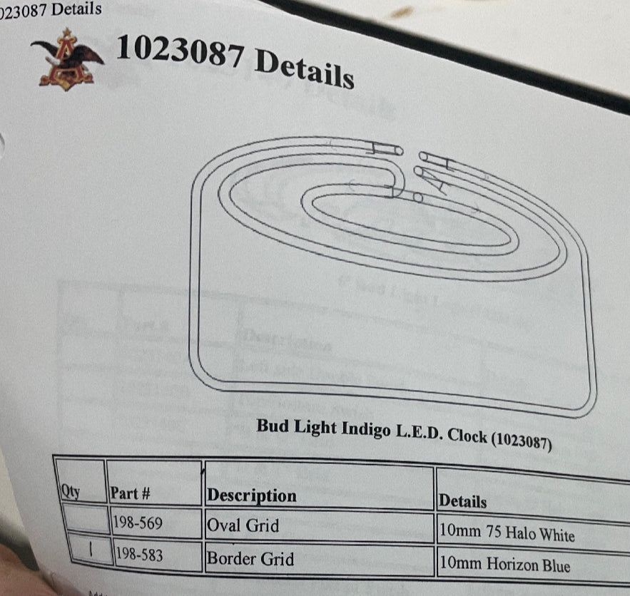 Oval Grid / Backlight for Bud Light Indigo L.E.D. Clock Grid / Backlight Replacement Tube - Neon Sign Part