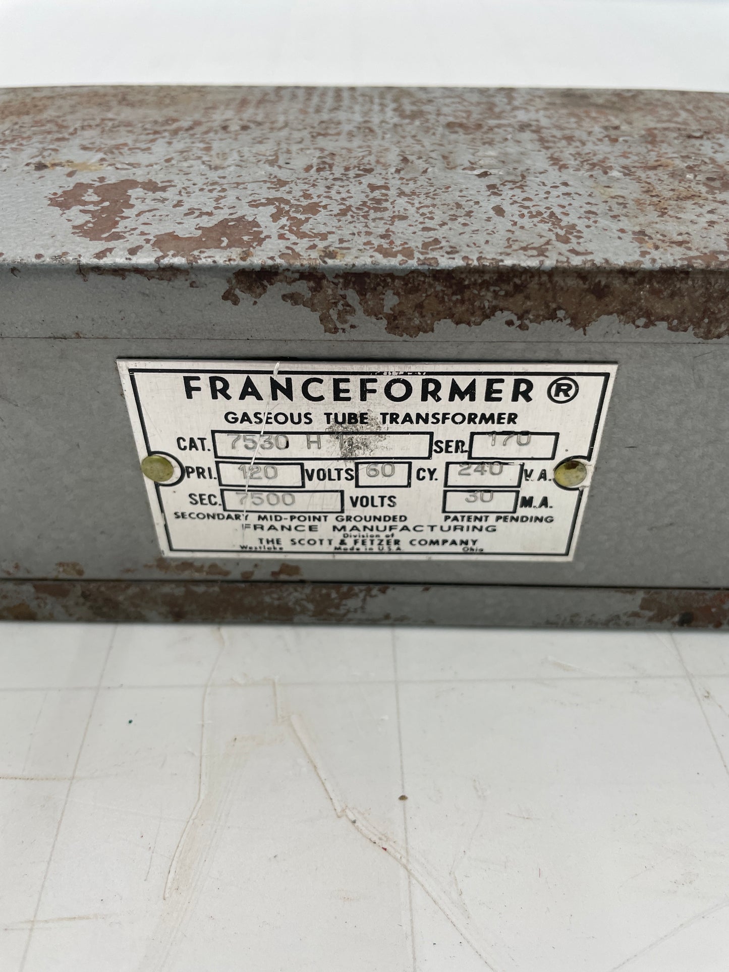 Vintage Franceformer 7530H Neon Sign Transformer – Ballantine Embossed Housing – 7,500V 30mA Core & Coil Neon Sign Replacement Transformer