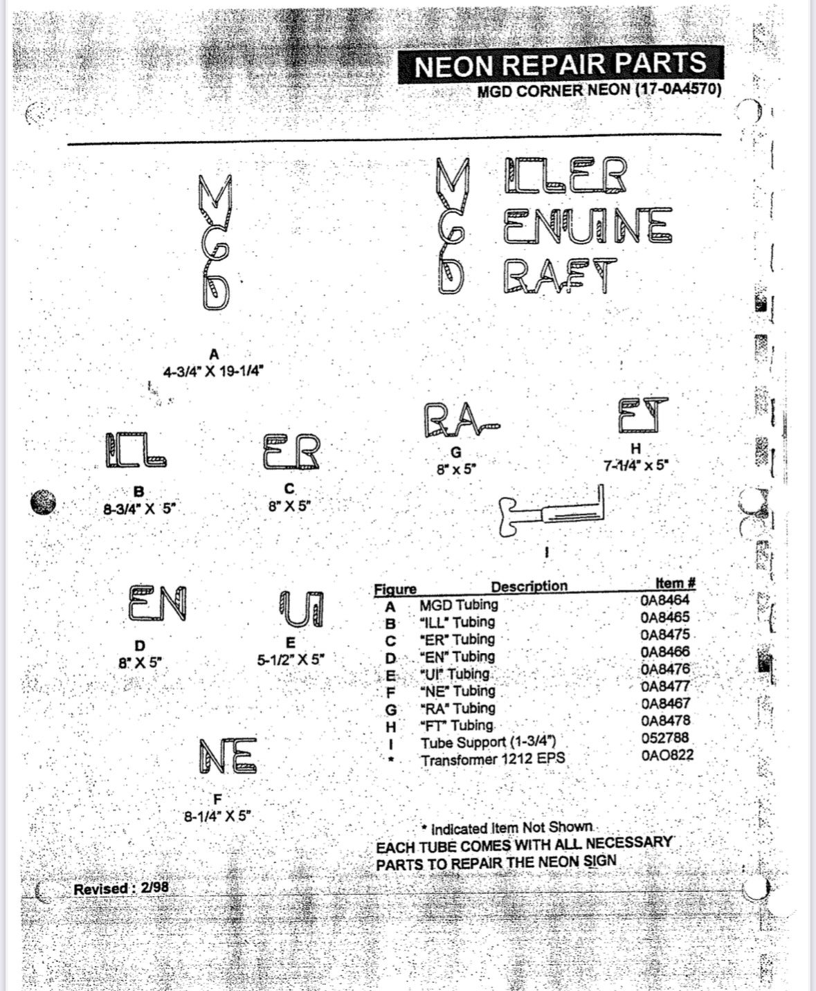FT Single Stroke Word Unit for MGD Miller Genuine Draft "Corner" Replacement Tube - Neon Sign Part
