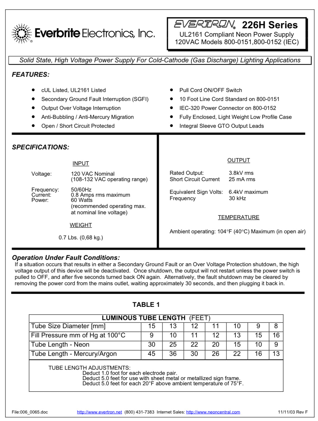 Evertron 226H Electronic Neon Sign Replacement Transformer – 3.8Kv