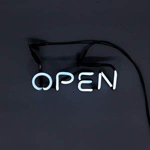 Neon Sign Part Entitled Open, Front View Lit, White Neon