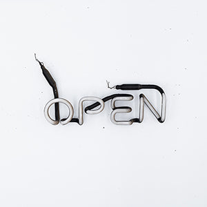 Neon Sign Part Entitled Open, Front View Unlit, White Neon