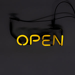 Neon Sign Part Entitled Open, Front View Lit, Yellow Neon