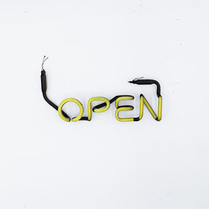 Neon Sign Part Entitled Open, Front View Unlit, Yellow Neon