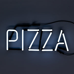 Neon Sign Entitled Pizza, Front View, Lit, White Neon