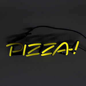 Neon Sign Entitled Pizza, Front View, Lit, Yellow Neon