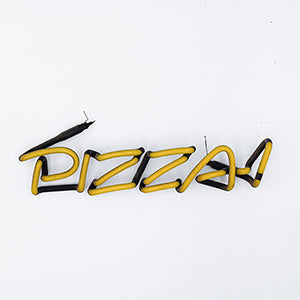 Neon Sign Entitled Pizza, Front View, Unlit, Yellow Neon