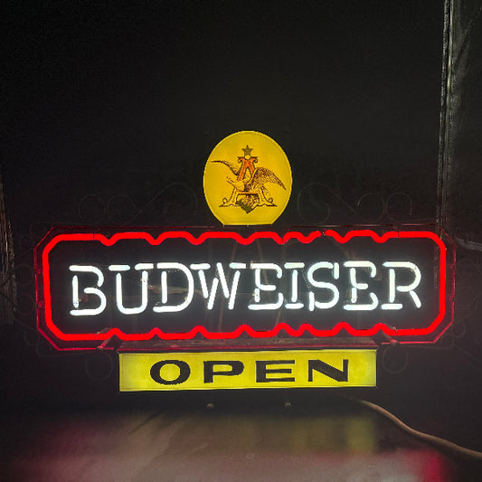 Vintage Budweiser Open Neon Sign – Metal Frame